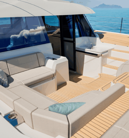 Vista exterior del catamarán Fountaine Pajot FP 55 con diseño moderno y líneas elegantes