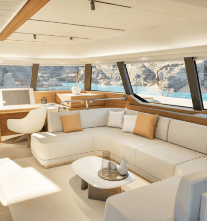 FPY70S_13 Salón interior del Fountaine Pajot FPY70S con diseño contemporáneo